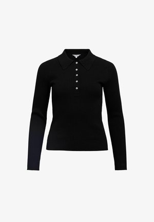 Melnā ribotā garām piedurknēm polo krekla augšdaļa ar apkakli un piecu pogu aizdari, piedāvājot piegulošu dizainu un gludu tekstūru.
