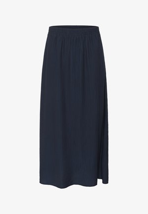 Falda midi azul marino hecha de una tela ligera con textura plisada y una cinturilla elástica para mayor comodidad. Presenta un corte recto.