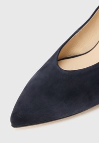 Tumši zili zamšādas augstpapēžu apavi ar smailiem purngaliem, nelielu izgriezumu un gludu oderi. Raksturo plūdena, minimālistiska silueta dizains.