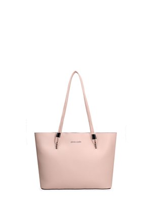 Lichtroze gestructureerde leren totebag met twee schouderbanden en kleine logo tekst "pierre cardin" vooraan in het midden.