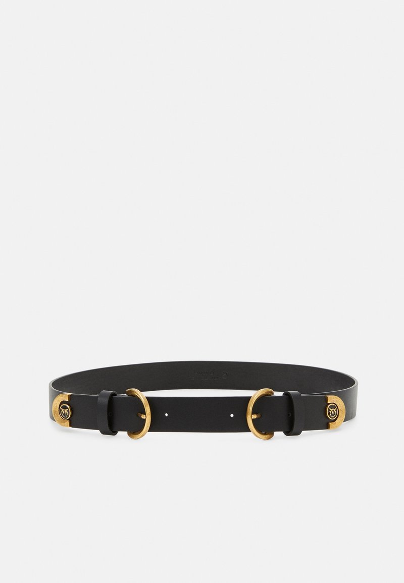 Ceinture en cuir noire avec deux grands anneaux dorés et des accents ronds dorés à chaque extrémité, présentée sur un fond blanc uni.