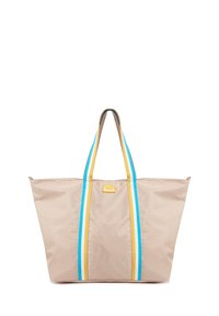 Borsa a spalla in nylon beige con strisce verticali blu e gialle e manici lunghi. Presenta un logo sul davanti. Design spazioso e rettangolare.
