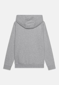 Paprasta šviesiai pilka gobtuvu megzta sportinė palaidinė su ilgomis rankovėmis, pasižyminti ribotomis rankogaliais ir apačia, rodoma iš nugaros ant balto fono.