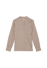 Koszula z długim rękawem wykonana z lekkiego materiału, z geometrycznym wzorem w czerwono-białe, okrągłym dekoltem i zapięciem na guziki z przodu.