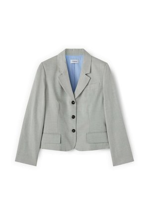 Lichtgrijze, op maat gemaakte blazer met drie zwarte knopen, een notch-reverskraag, klepzakken en een lichtblauwe voering.