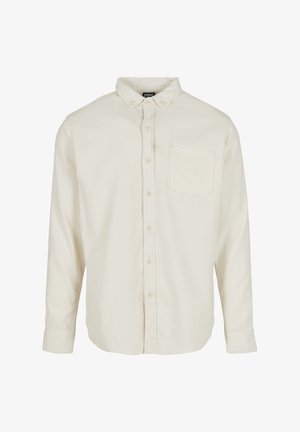 Light beige long-sleeve shirt with a button-down collar, front pocket, and textured fabric. Five buttons down the front. Classic fit.