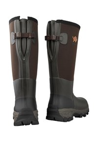 Rubber boots featuring a brown upper with a textured surface, dark gray lower section, adjustable straps, and a rugged tread sole.
