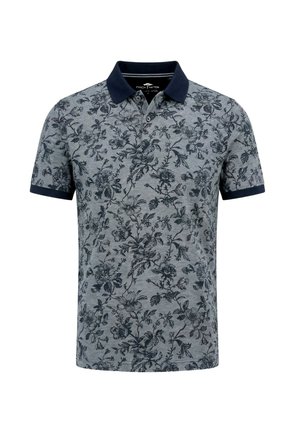 Graues Polohemd mit kurzen Ärmeln, dunklem Blumenmuster, marineblauem Kragen und Ärmelbündchen, vordere Knopfleiste.