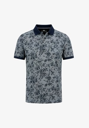 Grijs poloshirt met korte mouwen, donker bloemenpatroon, marineblauwe kraag en manchetten, knopenplooien aan de voorkant.