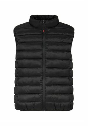 Czarna puchowa kamizelka z kołnierzem, pełnym zamkiem błyskawicznym i pikowanymi sekcjami. Wykonana z gładkiego, lekkiego materiału. Bez rękawów.