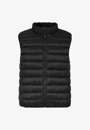 Czarna puchowa kamizelka z kołnierzem, pełnym zamkiem błyskawicznym i pikowanymi sekcjami. Wykonana z gładkiego, lekkiego materiału. Bez rękawów.
