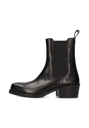 Schwarze Lederstiefelette mit elastischen seitlichen Einsätzen, runder Zehenform, leichtem Absatz und Zugschlaufe hinten; glatte Textur mit minimalem Branding.