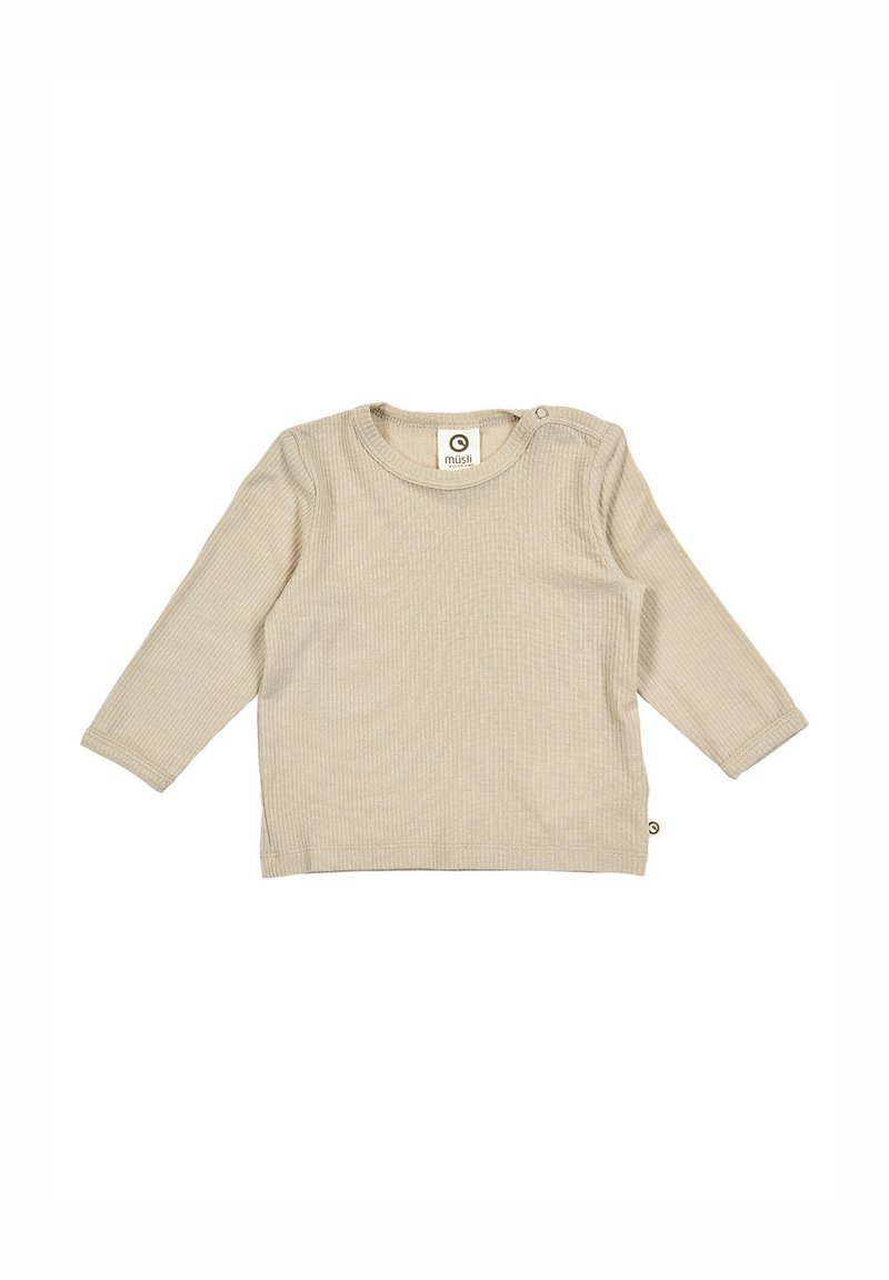 Hladký béžový dlouhý rukáv s kulatým výstřihem, malým ramenním cvokem a vyšitým logem na spodním levém švu.