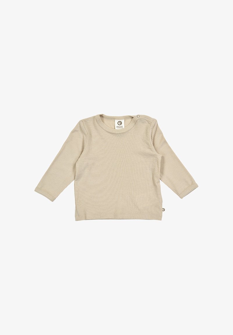 Hladký béžový dlouhý rukáv s kulatým výstřihem, malým ramenním cvokem a vyšitým logem na spodním levém švu.