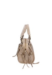 Borsa in suede beige con manici in pelle intrecciata, hardware in tono oro, chiusura con zip e dettagli con frange, caratterizzata da una forma strutturata.