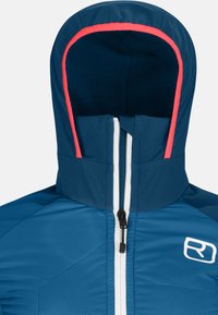 Blue insulated jacket with a bright red accent along the hood and a white zipper. Features quilted texture and a high collar design.