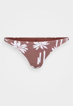 Brauner Bikiniunterteil mit floralem weißen Muster und Pinselstrich-Highlights, aus strukturierter, elastischer Stoffqualität, im niedrig geschnittenen Design.