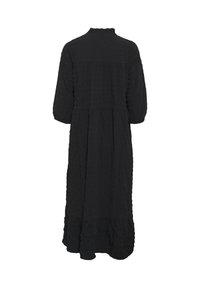 Schwarzes Kleid mit langen Ärmeln, einer strukturierten Oberfläche, einem Rüschenausschnitt und einem gestuften Saum, mit einer lockeren Passform und einer Länge bis zur Mitte der Wade.