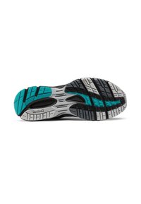 Semelle de chaussure de sport Reebok présentant un motif de semelle noire, grise et turquoise avec le nom de la marque et des motifs de grip texturés.