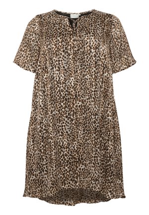 Robe ample à manches courtes avec imprimé léopard marron et noir, col rond avec petit détail de nouage à l'avant.