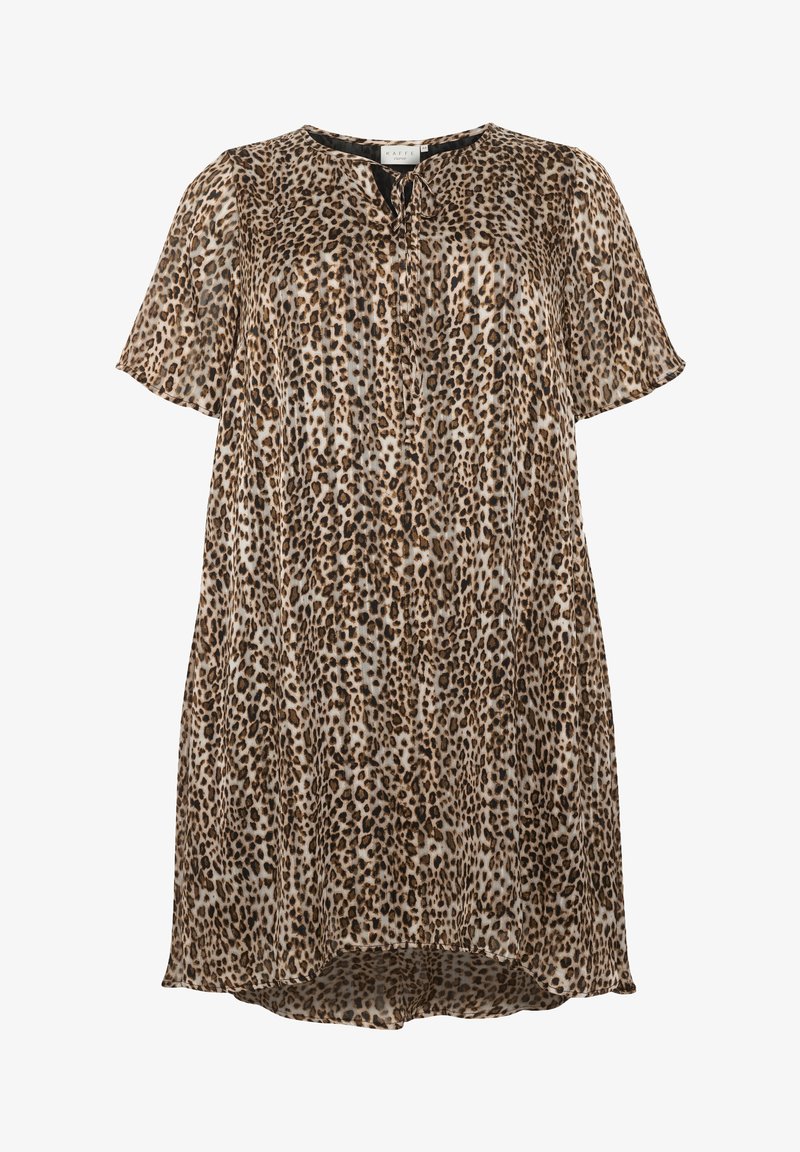 Robe ample à manches courtes avec imprimé léopard marron et noir, col rond avec petit détail de nouage à l'avant.