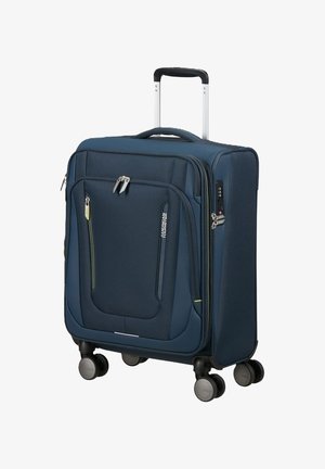 Marineblaue, weichgeführte Reisetasche mit vier drehbaren Rollen, ausziehbarem Griff, vorderen Reißverschlusstaschen und eingebautem Zahlenschloss.