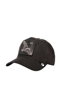 Cappello nero realizzato in tessuto testurizzato con visiera curva, dotato di un patch raffigurante un uccello in volo e la scritta "FLY". Sides in rete per la ventilazione.