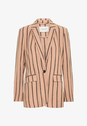 Persiku krāsas žakete ar vertikālām melnām svītrām, ar izgrieztiem atlokiem, vienu pogu un divām priekšējām kabatām. Gluda tekstūra.