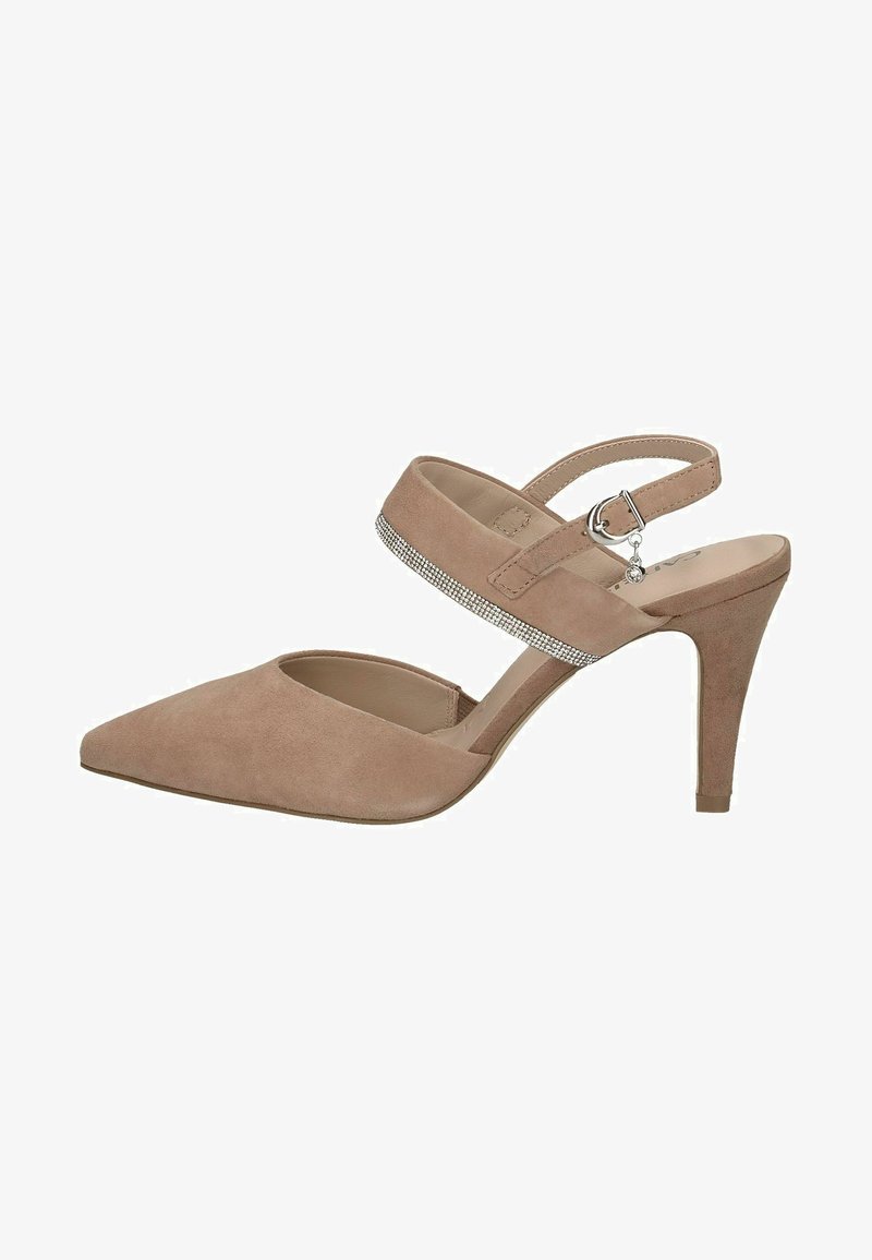 Beige suede high-heeled shoe with pointed toe, ankle strap, and rhinestone accent along the strap. Sleek design, 4-inch heel.