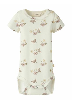 Creme kortærmet babybody med lyserødt og beige sommerfugl- og blomsterprint, bølget halsudskæringskant og tryklåse i bunden.