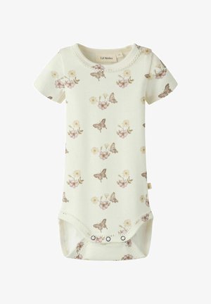Body bébé crème à manches courtes avec imprimé papillon et fleurs rose et beige, bordure d'encolure festonnée, et pressions à l’entrejambe.
