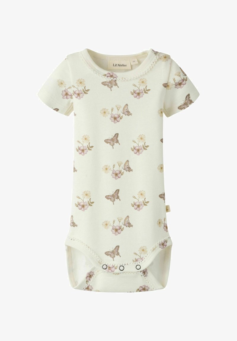Body bébé crème à manches courtes avec imprimé papillon et fleurs rose et beige, bordure d'encolure festonnée, et pressions à l’entrejambe.