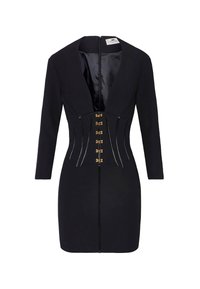 Schwarzes strukturiertes Kleid mit tiefem V-Ausschnitt, langen Ärmeln und goldenen Hardware-Verzierungen, mit einer taillierten Silhouette und einem Reißverschluss am Rücken.
