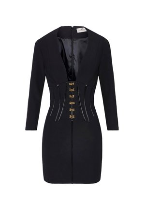 Vestido estructurado negro con escote en V profundo, mangas largas y detalles en dorado, que destaca una cintura ajustada y un cierre de cremallera en la parte posterior.
