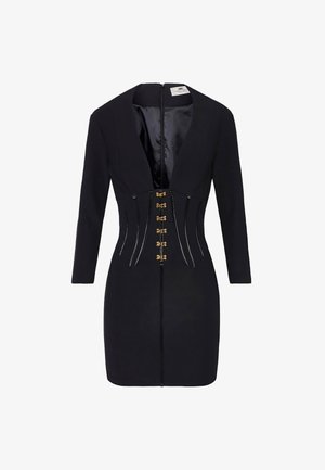 Abito strutturato nero con scollatura a V profonda, maniche lunghe e dettagli in metallo dorato, caratterizzato da una vita aderente e chiusura con zip sul retro.