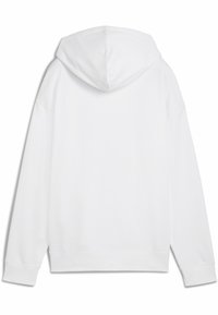 Felpa bianca con cappuccio, dalla texture liscia, vestibilità comoda e polsini a coste. Presenta un design semplice senza loghi o motivi visibili.