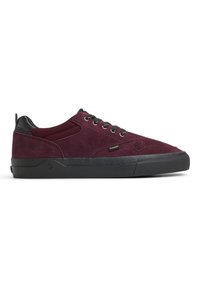 Burgundy suede sneakers with black rubber sole, round toe, and black mesh accents. Features metallic eyelets and a pull tab at the heel.