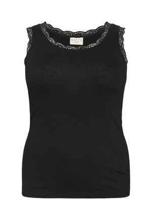 Zwarte geribbelde tanktop met een ronde hals, voorzien van delicate kantafwerking langs de kraag. Zachte textuur, aansluitend ontwerp.