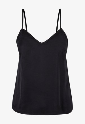 Schwarzes Trägertop mit dünnen verstellbaren Trägern, tiefem V-Ausschnitt und einer glatten, weichen Textur. Entworfen für eine lockere Passform.