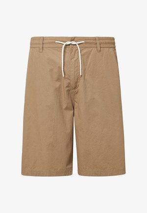 Bruine netstof zwemboxers met een witte trekkoord, met een gestructureerd patroon en een rechte snit. Geschikt voor wateractiviteiten.