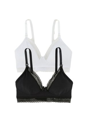 Zwei Spitzen-BHs, einer weiß und einer schwarz, mit verstellbaren Trägern, flach auf einem weißen Hintergrund ausgelegt.