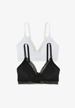 Zwei Spitzen-BHs, einer weiß und einer schwarz, mit verstellbaren Trägern, flach auf einem weißen Hintergrund ausgelegt.