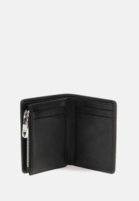 Black leather wallet with zipped compartment, three card slots, smooth texture, and branded hardware detail. Open view with interior compartments.