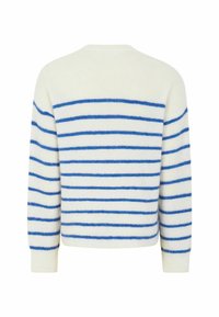 Pulover crem cu dungi orizontale albastre. Textură tricotată, manșete și tiv împăturite. Decolteu clasic tip crew. Imagine din spate.