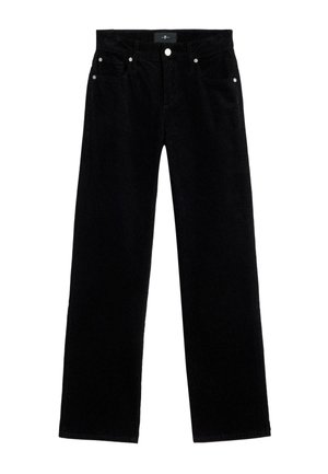 Pantaloni in corduroy neri con design a gamba dritta, dotati di cinque tasche, hardware in argento e una finitura in tessuto testurizzato.