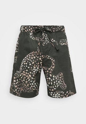 Shorts noirs en tissu avec un grand motif léopard rose pâle et blanc. Comprennent une taille avec cordon de serrage et une coupe décontractée.