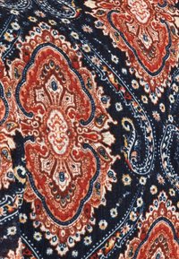 Navy tyg med intrikata paisleymönster i rött, orange och blått, med svängningar, blommotiv och detaljerade accenter.