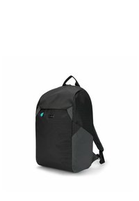 Czarny plecak o smukłym kształcie, teksturowana tkanina, szare akcenty, regulowane, wyściełane szelki oraz uchwyt na górze do noszenia.