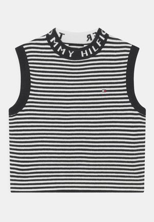 Pull sans manches rayé noir et blanc avec une texture côtelée, col haut avec le texte "Tommy Hilfiger" et petit logo sur la poitrine.