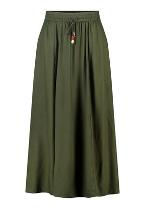Lange olijfgroene rok met elastische tailleband en trekkoord met drie decoratieve kralen middenvoor.